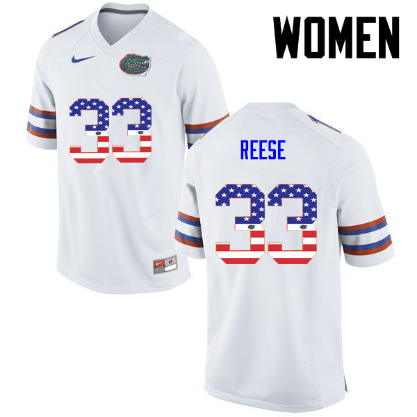 Women Florida Gators #33 David Reese College Football USA Flag Fashion Jerseys-White